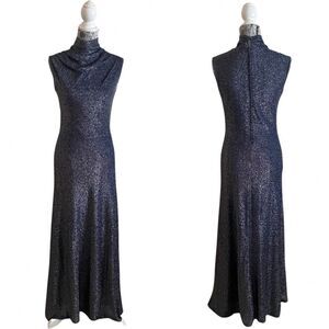 Vintage 1970s Sparkly Draped Mock Neck Maxi Dress Navy Blue